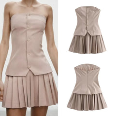 Fake Piece Set Strapless Short Dress 2025 New Fashion A-line Pleat Summer Dress For Women Solid Chic Street Female Clothing