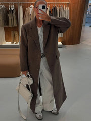 Brown Shoulder Pad Woolen Overcoat Women Elegant Lapel Single-breasted Long Sleeve Coat 2025 Autumn Lady Commuter Outerwear