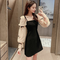 French Elegant Party Night Woman Mini Dress Patchwork Mesh Puff Sleeve Bow Sweet Girls Black Short Dresses Women Clothes Vestido