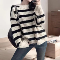 Striped Crew Neck Sweater Women Pullovers Long Sleeve Crewneck Knitted Jumper Ladies Fall Winter Casual Outfit