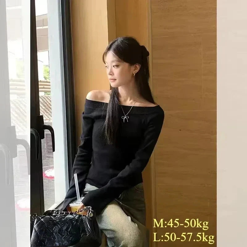 Sexy Pullovers Women Off Shoulder Cropped Knitted Basic Clothes Autumn All-match Side Slit Simple Tender Slim Gentle Seductive