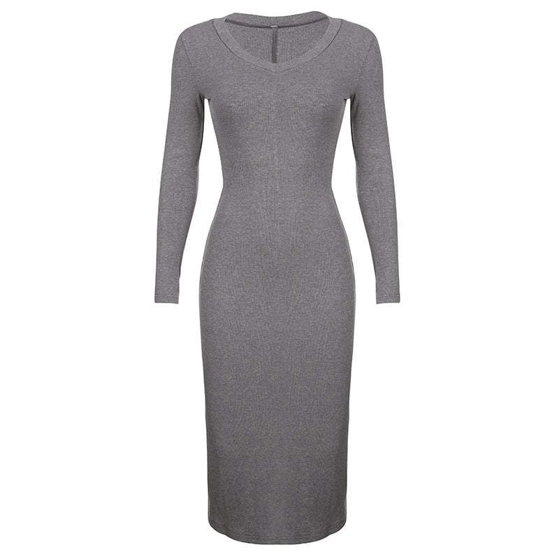 Grey V-Neck Long-Sleeve Slim Split Dress