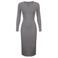 Grey V-Neck Long-Sleeve Slim Split Dress
