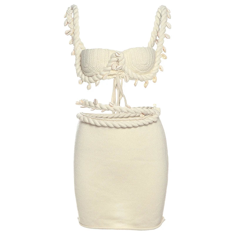 Sexy Crochet Applique Patchwork 2 Piece Set Women  Backless Crop Tops+Bandage Hollow Skirts Vacation Beach Party Suits