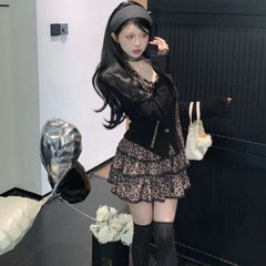 Autumn Winter American Streetwear Vintage Shirts Y2k Harajuku Japan Slim Waist A Line Patchwork Lace Tiered Skirts Girl Sets