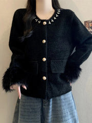 Elegant Pearls Sweet Cardigan Women Vintage O Neck Faux Mink Cashmere Knitted Sweaters Korean Casual Long Sleeve Loose Tops