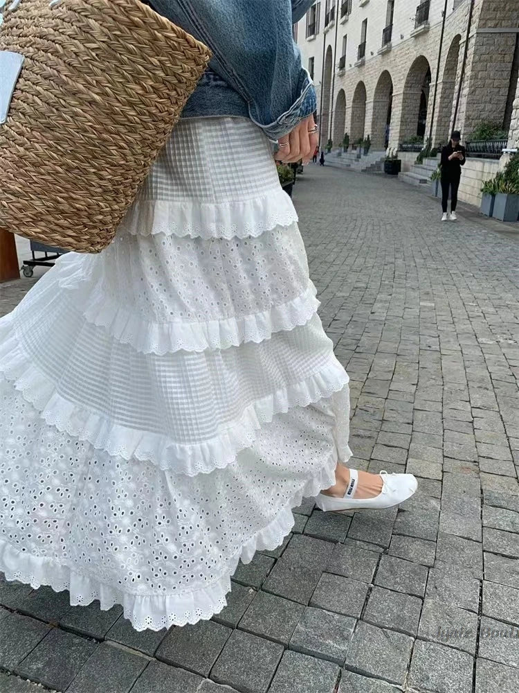Embroidered Hollow Lace Spliced White Long Skirt 2025 Spring Summer New Elastic Waist Cotton A-line Vacation Beach Boho Skirt