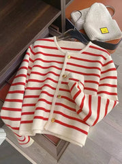 New 2025 Women Spring Autumn Sweaters O-neck Stripe Knitted Cardigan Fashion Long Sleeve Casual Short Tops Korean Style