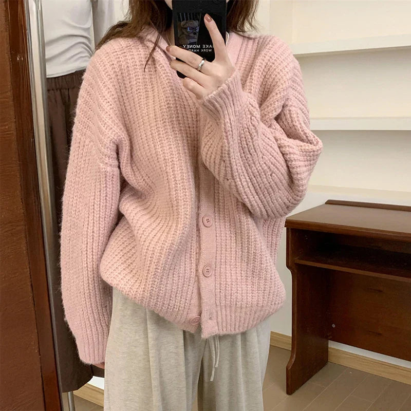 Hooded Cardigan Sweater for Women Morandi Pink Blue Button-Up Knitted Hoodie Jacket Autumn Winter Teen-girl Slouchy Knitwear