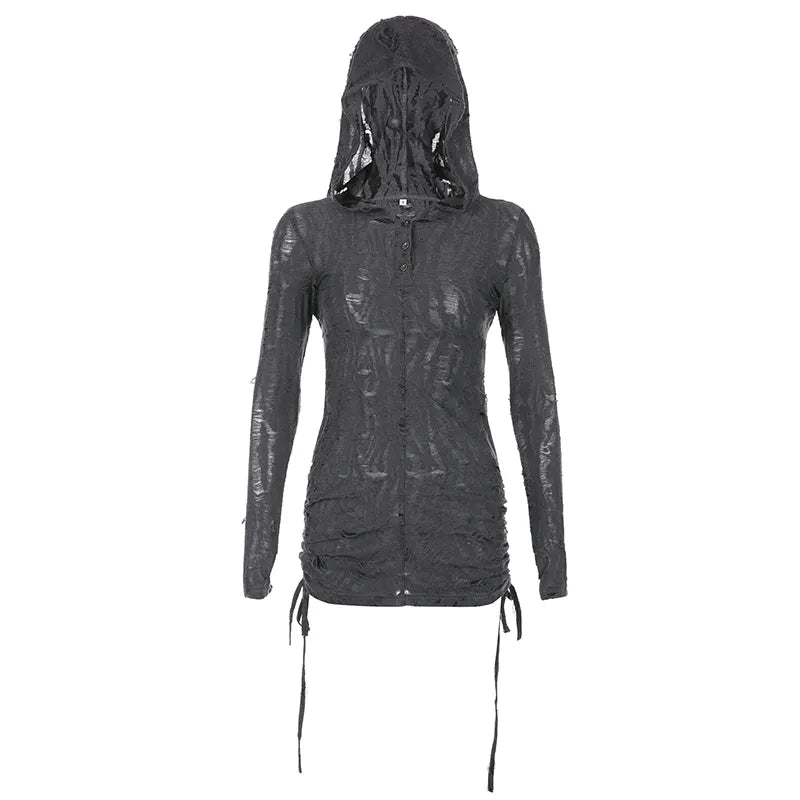 Vintage Drawstring Hooded Backless Transparent Dress