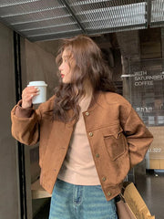 Y2K Retro Baseball Jacket Women Faux Suede Long Sleeve Fall Winter Coat Streetwear Casual American Vintage O Neck Bf Tops