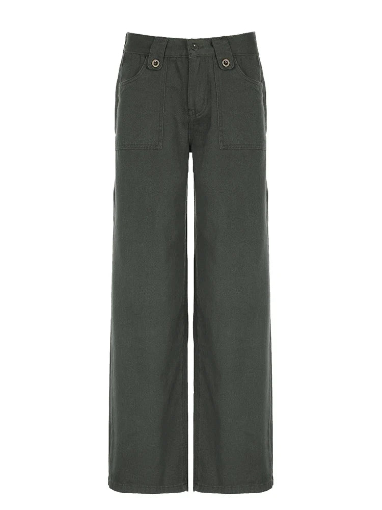 Sweetown Retro Green Low Rise Straight Jeans Woman Y2K Streetwear Denim Trousers Pockets Casual Cargo Jean Pants