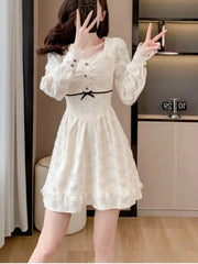 Women Fashion Elegant Print Short Dress Long Sleeve Vintage A-Line Party Birthday Clothes Female Vestidos New