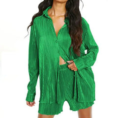 New explosions in spring and summer European and American fashion V-neck pleated long sleeve lapel shorts fashion suit