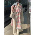 Winter Rainbow Woollen Coats Women Casual Warm Loose Plaid Long Coats Female Korean Fashion Office Lady Trench Jackets Y2k