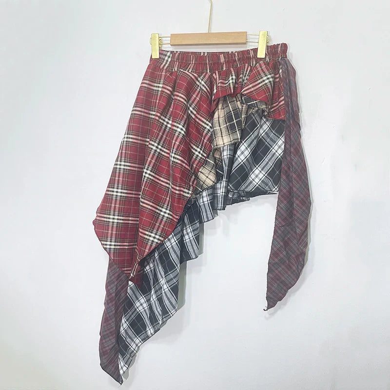 Streetwear High Waist A-line Skirts Vintage All-match Clothing Irregular Patchwork Red Plaid Design Skirt Faldas