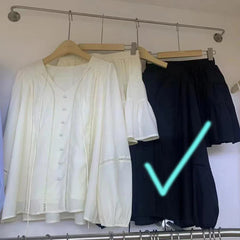 Casual Beige Vacation Spring Summer Outfits Lantern Sleeve Blouse And Short Skirt Two Piece Set 2025 New Top Pleat Skirt Suit