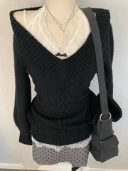 Sexy Elegant V-neck Knitted Pullover Women Black Y2k Fashion Long Sleeve Sweaters Simple Casual Slim Aesthetics Tops
