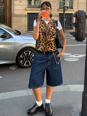 Leopard Print Sleeveless Street Women's Vest Fashion V-neck Slim Fit Short Waistcoat Casual Lady Autumn Commute Outerwears