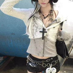 Y2k Subculture Striped Patchwork Long Sleeve Slim Hooded Sweatshirt 2000s Gothic Vintage Casual Korean Fashion Autumn Cardigan