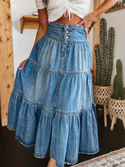 Women Summer Denim Skirt Casual Solid Color Ruffled Hem High Waist A-Line Jeans Skirt for Club Streetwear