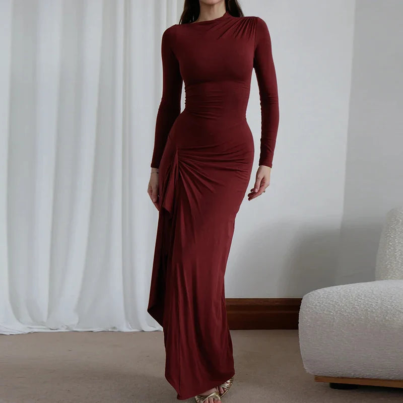 Elegant O-neck Draped Irregular Long Dress Women Causal Long Sleeve Solid Party Dress Fashion Hight Waist Slim Evening  Dresses