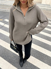 High Collar Zipper Long Pullover Knitted Sweater Autumn Winter Fashion Warm Cozy Knitwear for Women