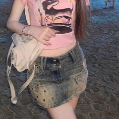 Vintage Y2k Denim Skirt Women Sexy Harajuku Star Streetwear Mini Skirts A-line Retro Fashion Slim Up Casual Jeans Skirt