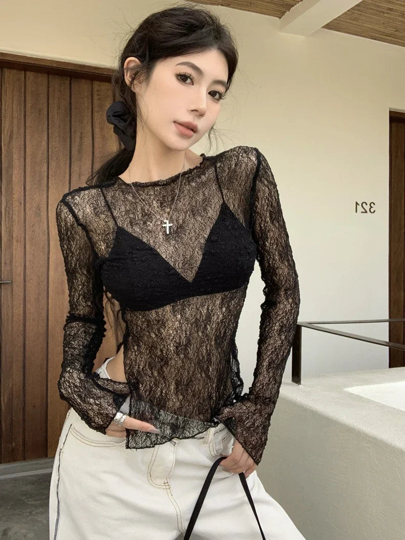 Korean Fashion Lace T Shirts Women Vintage Sexy See Through Aesthetic Crop Tops Kpop Y2k Long Sleeve Tees Shirts Summer