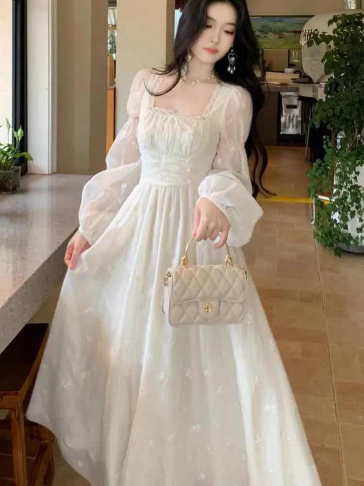 Women Summer Elegant Fairy Midi Dress Causal Long Sleeve Vintage Party Dress Female Ruffles Party Gown Dress Korean Chic Y2k New