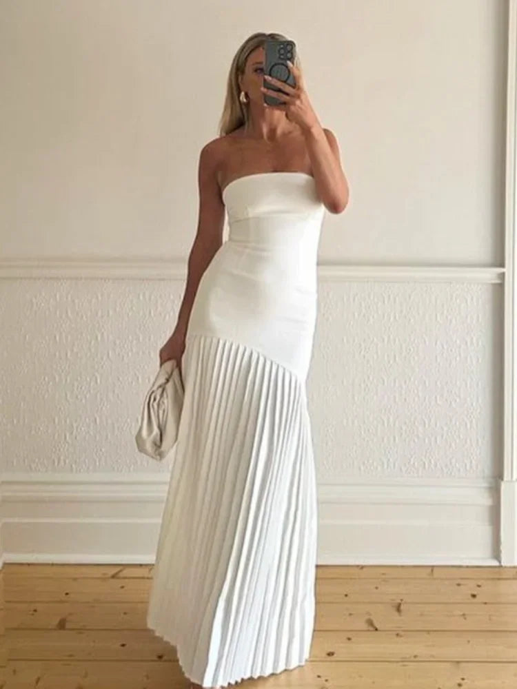 Women Solid Pleated  Hem Patchwork Long Dress Fashion Backless Strapless Sleeveless Slim Maxi Dresses Sexy Vocation Streetwear