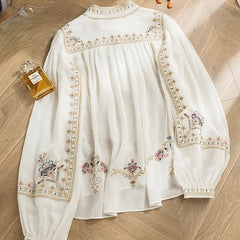 Lace Embroidery White Women Shirts Summer New O-Neck Long-Sleeved Loose Elegant Office Lady Outwear Tops