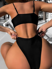 Ring Linked Harness Bikinis Black Swimsuit Solid Swimwear Women Bathers Bathing Swimming Suit Female Beachwear Summer