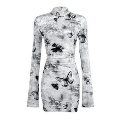 Vintage Butterfly Print Slim Slit Velour Dress