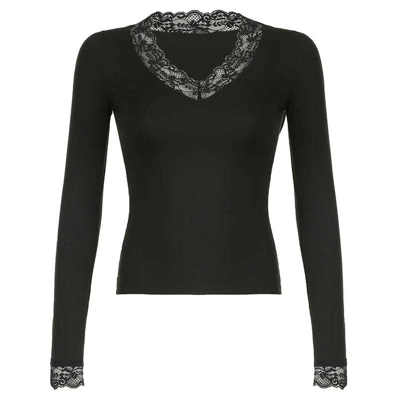 Lace Patchwork Solid Slim Tee Shirts Long Sleeves V-neck Aesthetic Fashion Clothes Vintage Streetwear Black Tops
