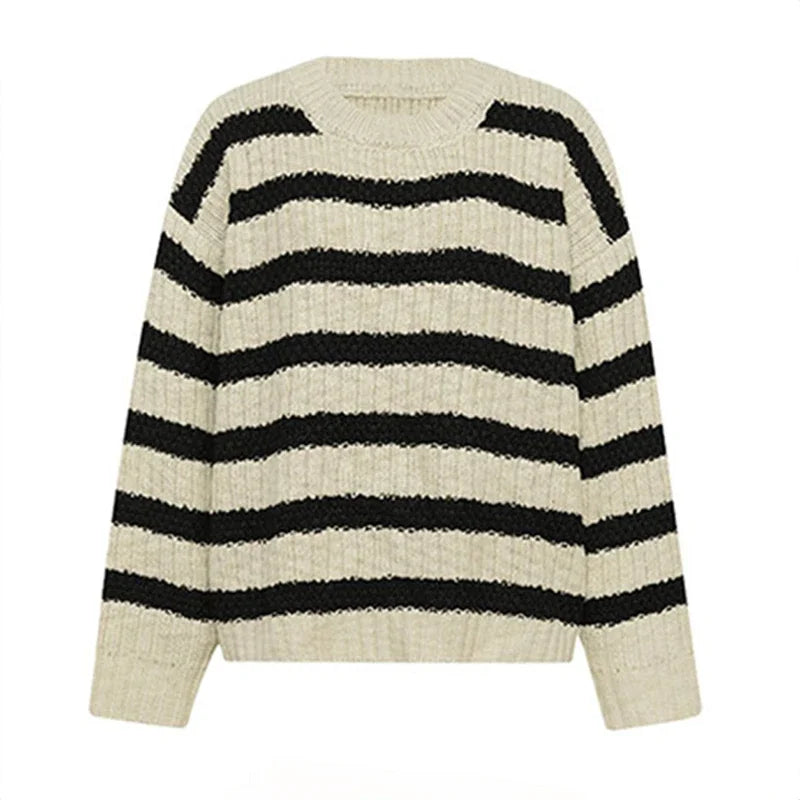 Striped Crew Neck Sweater Women Pullovers Long Sleeve Crewneck Knitted Jumper Ladies Fall Winter Casual Outfit