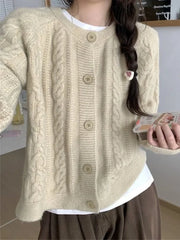 Korean Fashion Cropped Cardigan Women Vintage Twisted Knitted Sweater Casual Basic Solid Long Sleeve Tops Autumn Winter
