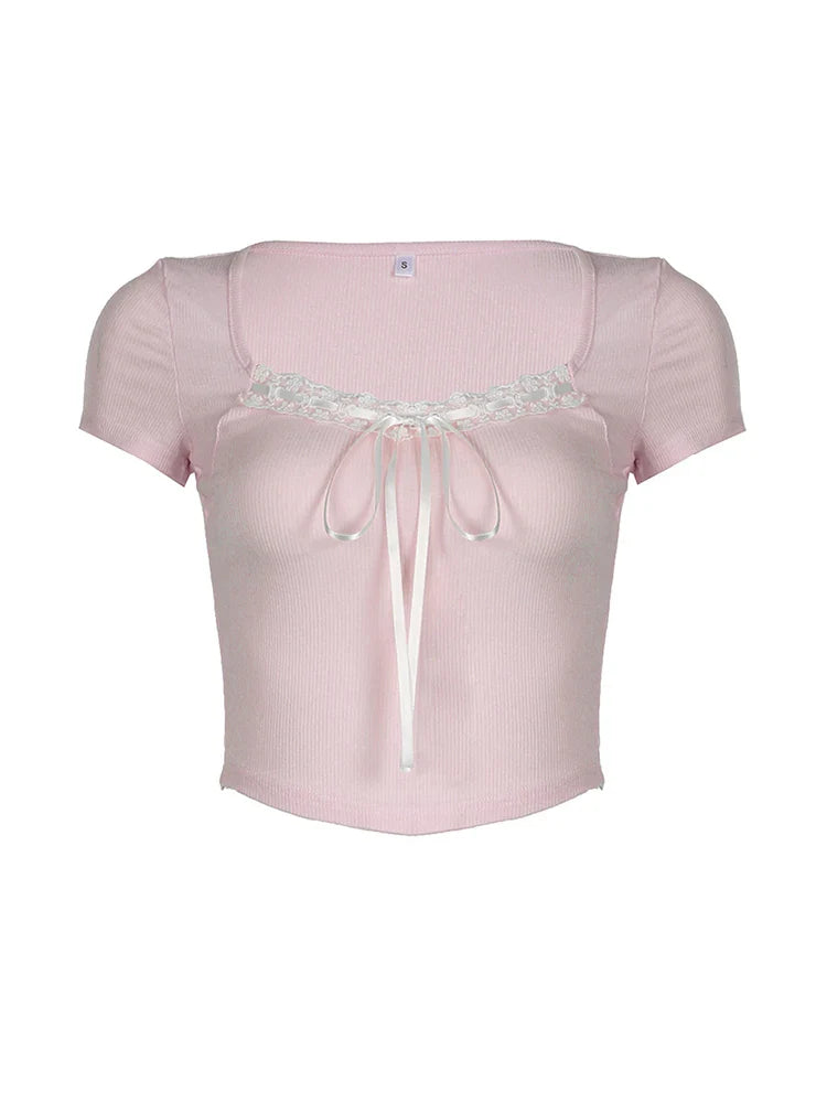 Balletcore Sweet Y2K Tie Lace Trim Square Collar Pink T-Shirt Women Short Sleeve 2000s Cute Kawaii Clothes
