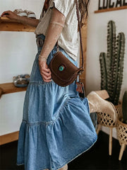 Women Summer Denim Skirt Casual Solid Color Ruffled Hem High Waist A-Line Jeans Skirt for Club Streetwear