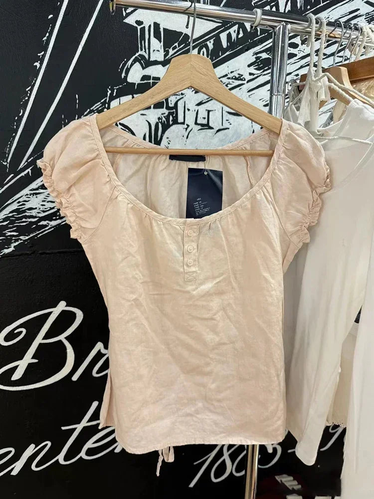 Women Sweet Pink Linen Lace-up Slim T Shirt Summer Buttons O-neck Puff Sleeve Blouse Vintage Preppy Solid Cute Tees Y2k