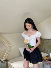 Kawaii White Blouse Women Sweet Ruffles Puff Sleeve Crop Tops Summer Short Sleeve Casual High Street Korean Fashion