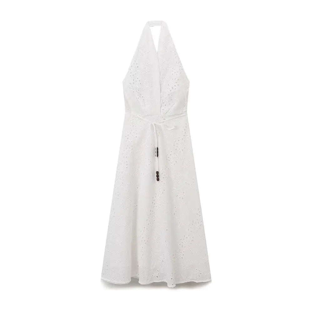 Hollow Out Embroidery Long Dress 2025 New Summer Sleeveless Halter Neck Vacation Beach Women Dress Fashion Backless White Dress
