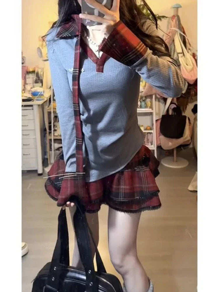New Fashion Lrregular Spliced V Neck Tops Harajuku Vintage Y2k Aesthetic Punk Tiered Plaid Skirts Streetwear 2 Piece Sets