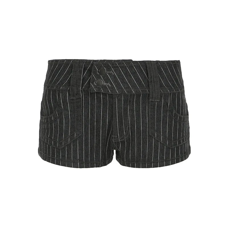 Pbong  Harajuku Striped Buttons Micro Denim Shorts Women Summer Low Waist With Pockets Bottoms Hottie's Slimming Mini Pants