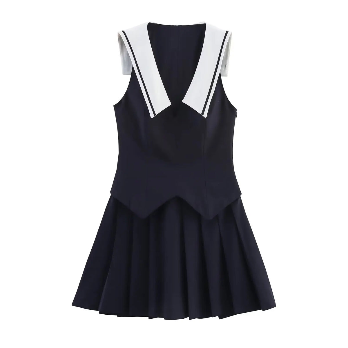 Fashion Turn Down Collar Pleated Short Dress 2025 New Navy Blue Sleeveless Chic Korean Tank Dress Streetwear Y2K Woman Clothing
