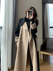 Winter Women's Cold Coat New Autumn Winter Color Block Senior Wool Coats Turn-down Collar Temperament Trench Coat Female