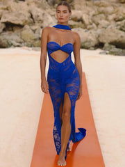 Lace See Through Strapless Sexy Maxi Dress For Women Gown Halter Hollow Out Sleeveless Backless High Split Long Dress