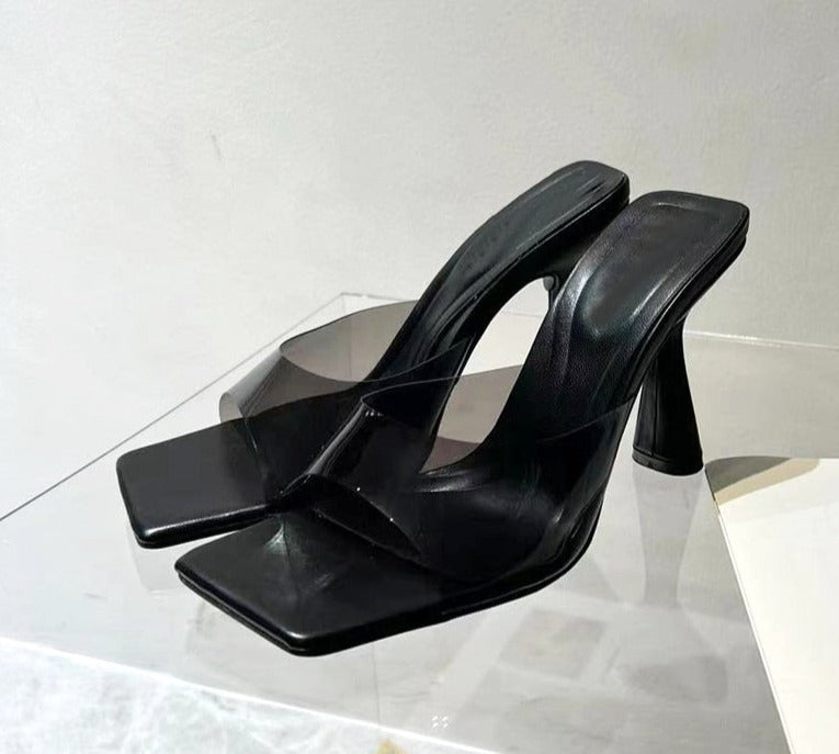 Summer New Fashion Design PVC Transparent Women Slipper Fashion Square Toe High Heel Ladies Dress Party Mules Slides