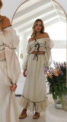 Lantern Sleeve Chiffon Top And A-line Long Skirt Vacation Women Sets 2025 Spring Summer New Ruffle Tee Skirt Summer 2 Piece Set