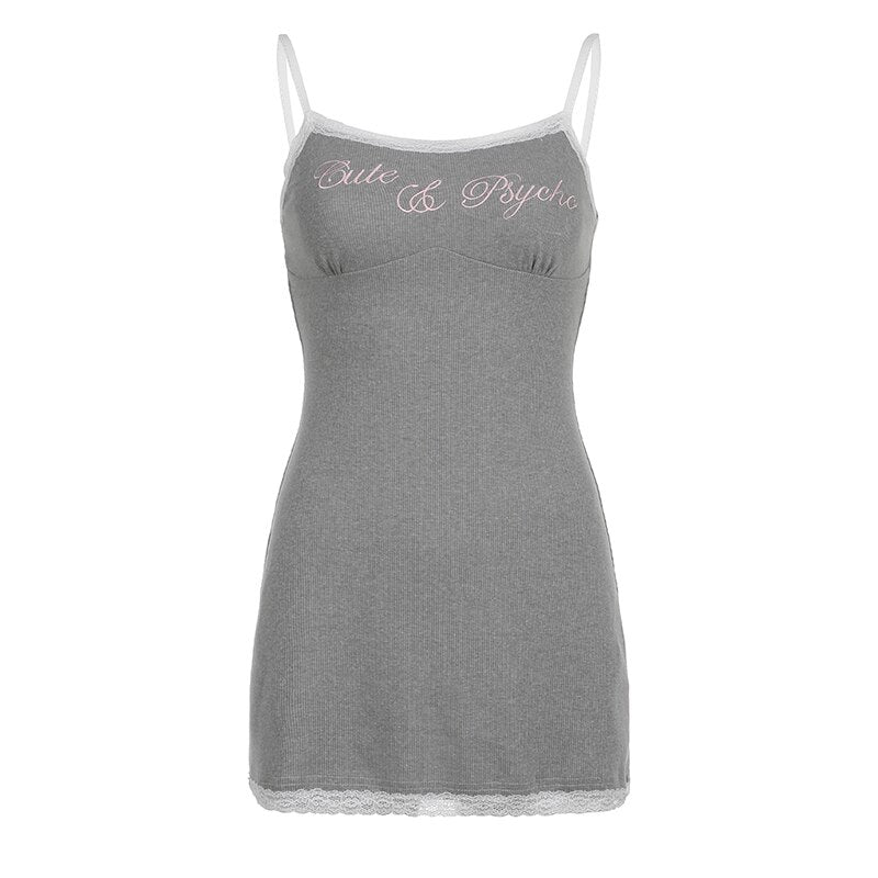 Grey Knitted Lace Trim Embroidery Sundress